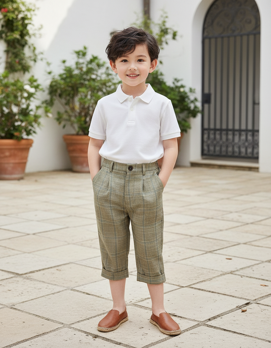 Pantalon En Lin Carreaux Vert Plissé Garçon Élégant - Kaki