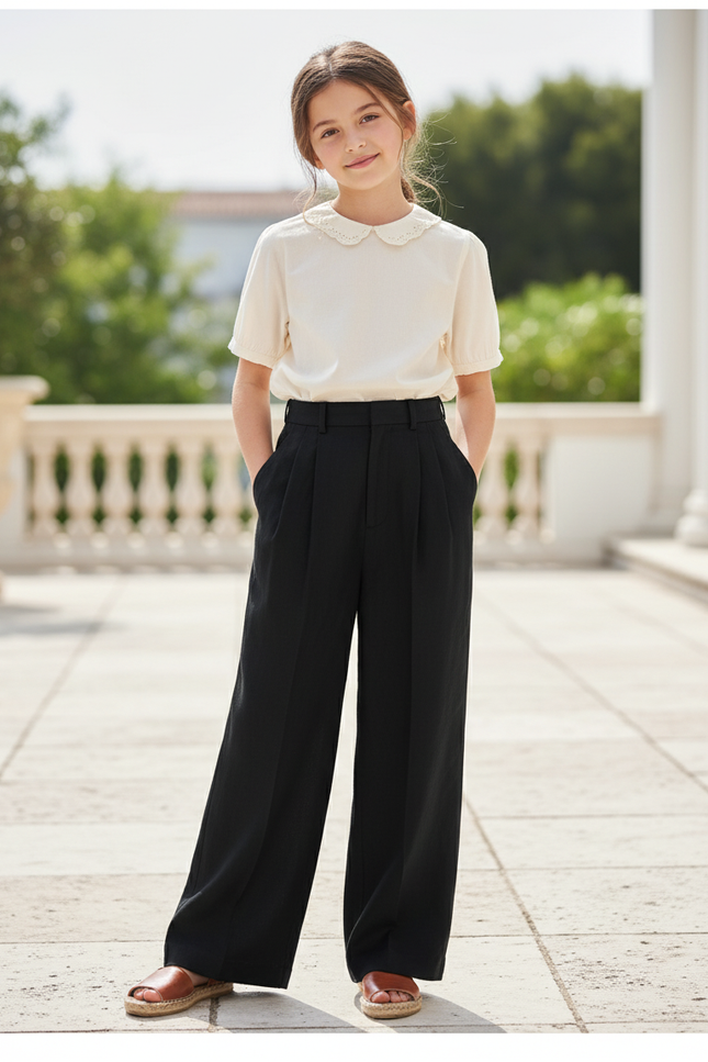 Pantalon En Lin Noir Ample Décontracté Fluide Fille