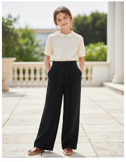 Pantalon En Lin Noir Ample Décontracté Fluide Fille