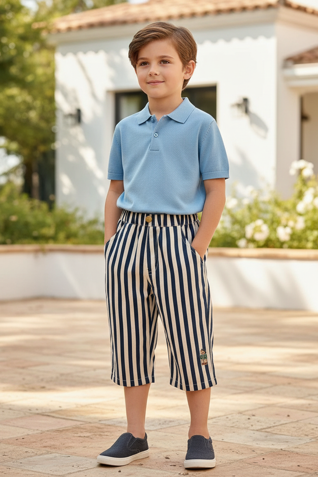 Pantalon En Lin Rayé Marine Blanc Enfant Décontracté - Multicolore