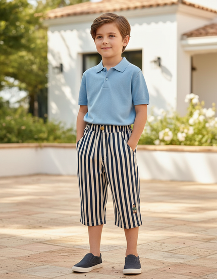 Pantalon En Lin Rayé Marine Blanc Enfant Décontracté - Multicolore
