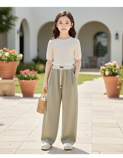 Pantalon En Lin Vert Ample Décontracté Enfant Cordon - Kaki Molleton