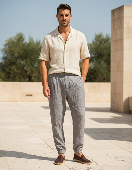 Pantalon En Lin Gris Léger Fluide Décontracté Homme