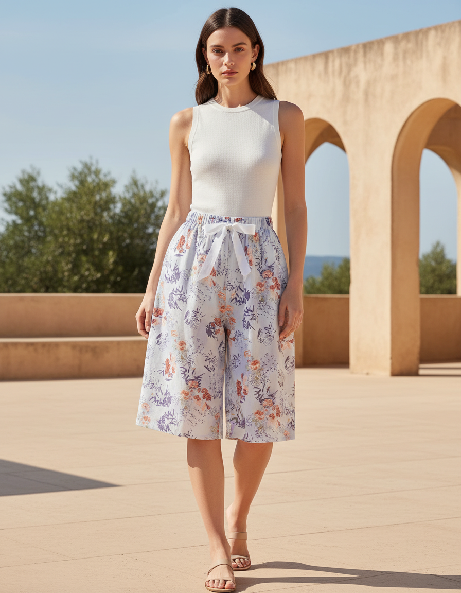 Pantalon En Lin Fleuri Fluide Estival Ample Décontracté - Imprimé