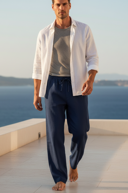 Pantalon En Lin Bleu Marine Ample Décontracté Homme