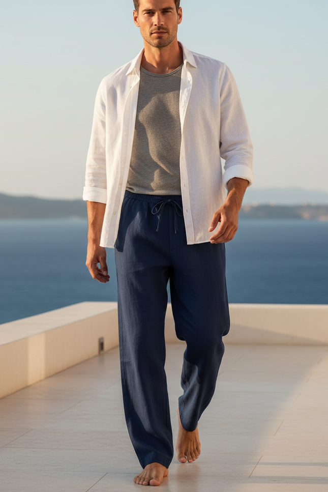 Pantalon En Lin Bleu Marine Ample Décontracté Homme