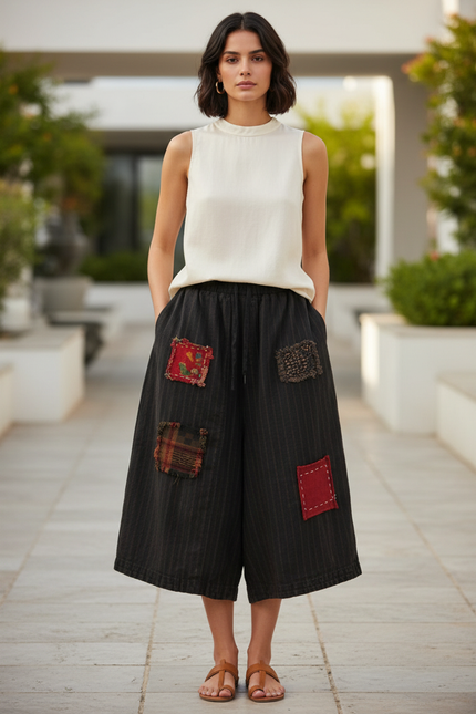Pantalon 3/4 Lin Femme - Noir