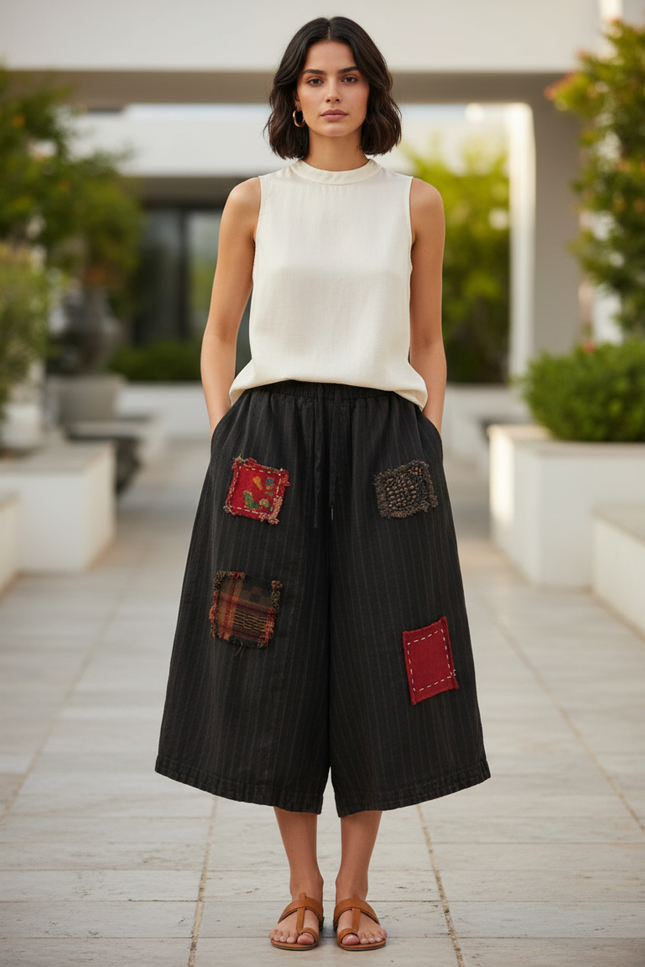 Pantalon 3/4 Lin Femme - Noir