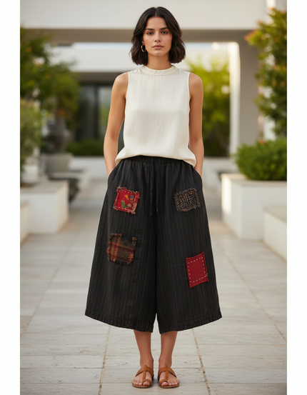 Pantalon 3/4 Lin Femme - Noir