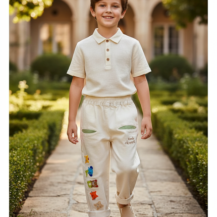 Pantalon En Lin Écru Brodé Animaux Ample Garçon - Beige