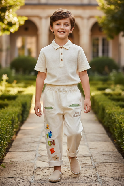 Pantalon En Lin Écru Brodé Animaux Ample Garçon - Beige