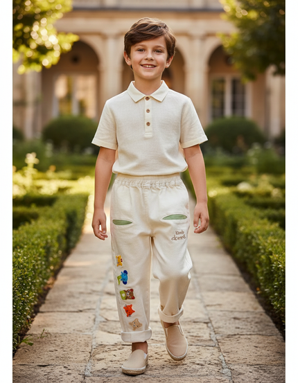 Pantalon En Lin Écru Brodé Animaux Ample Garçon - Beige