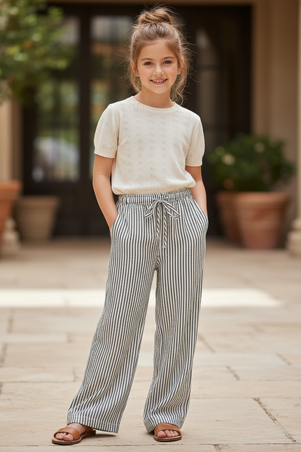 Pantalon En Lin Rayé Ample Taille Élastique Fille - Imprimé