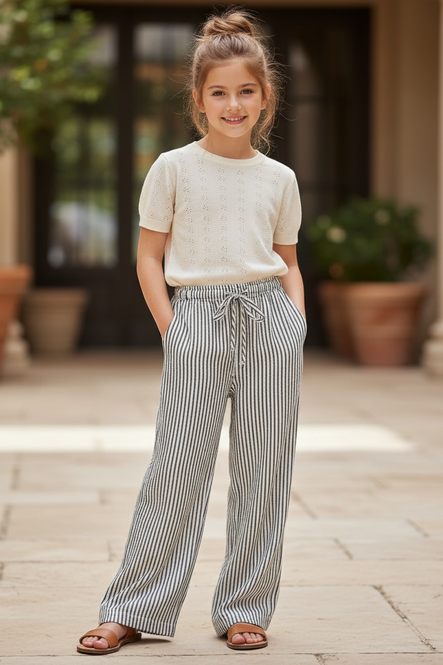 Pantalon En Lin Rayé Ample Taille Élastique Fille - Imprimé