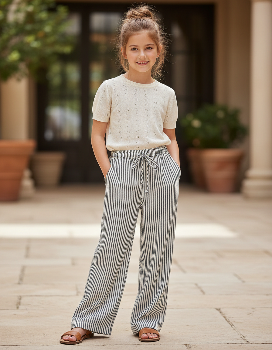 Pantalon En Lin Rayé Ample Taille Élastique Fille - Imprimé
