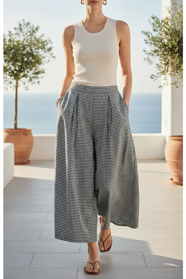 Pantalon En Lin Carreaux Ample Plissé Femme - Imprimé