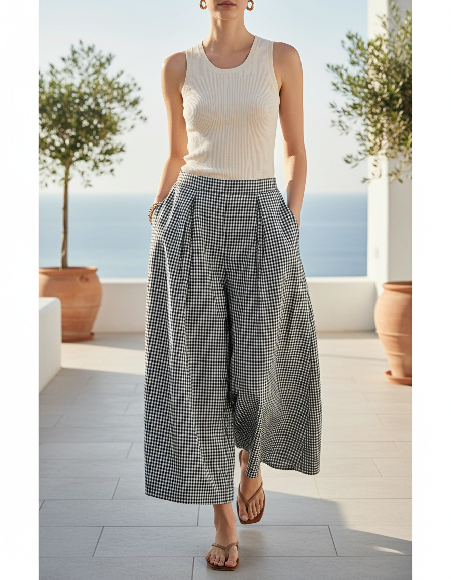Pantalon En Lin Carreaux Ample Plissé Femme - Imprimé