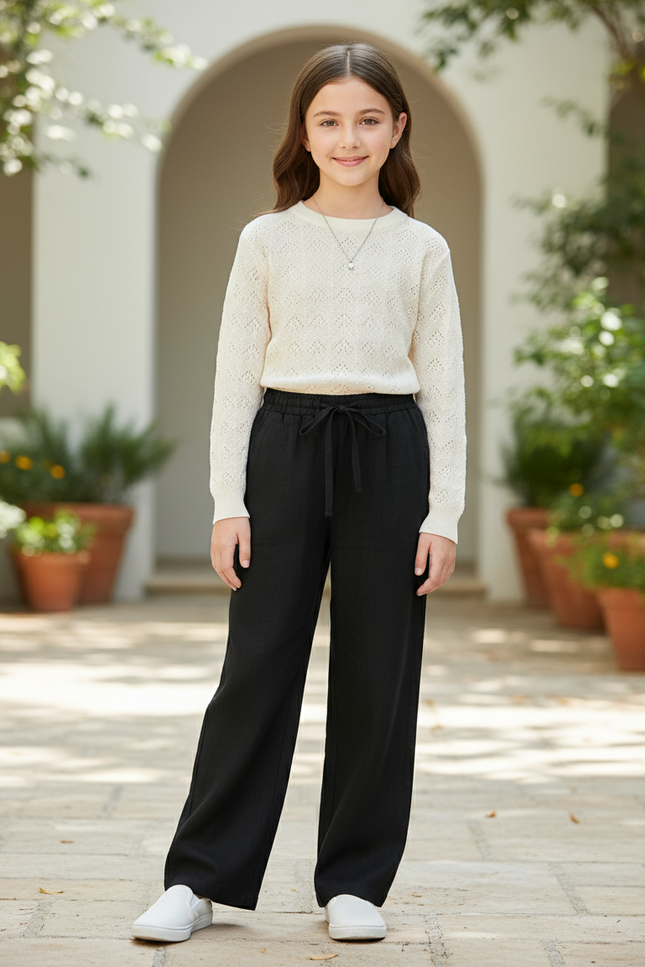 Pantalon En Lin Noir Ample Décontracté Fille Cordon
