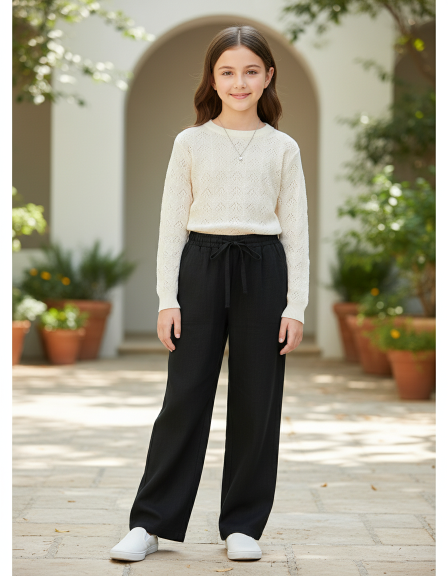 Pantalon En Lin Noir Ample Décontracté Fille Cordon