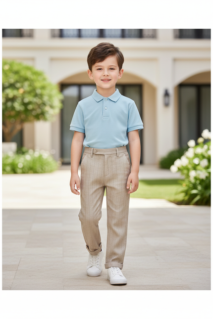 Pantalon En Lin Rayé Beige Élégant Garçon