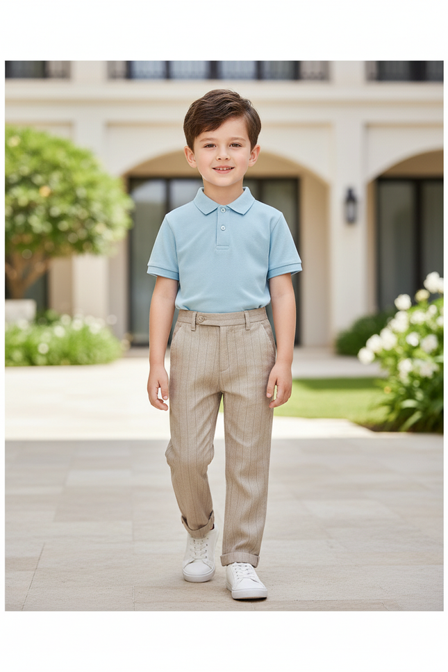 Pantalon En Lin Rayé Beige Élégant Garçon