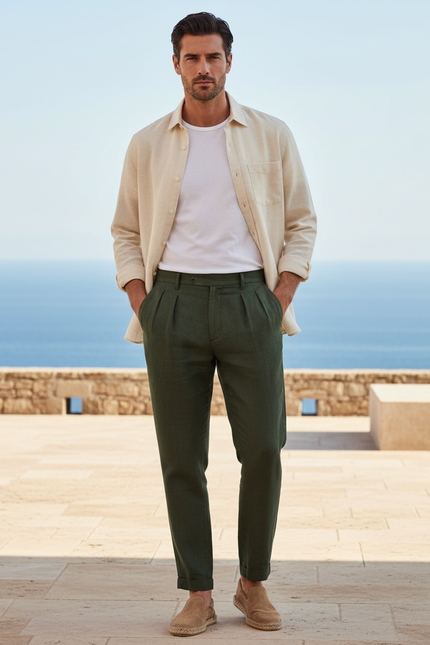 Pantalon En Lin Vert Militaire Plissé Décontracté Homme