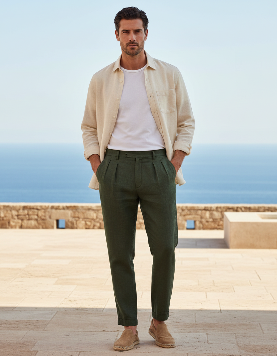 Pantalon En Lin Vert Militaire Plissé Décontracté Homme