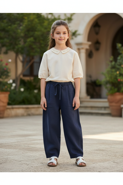 Pantalon En Lin Fille Bleu Marine Coupe Ample