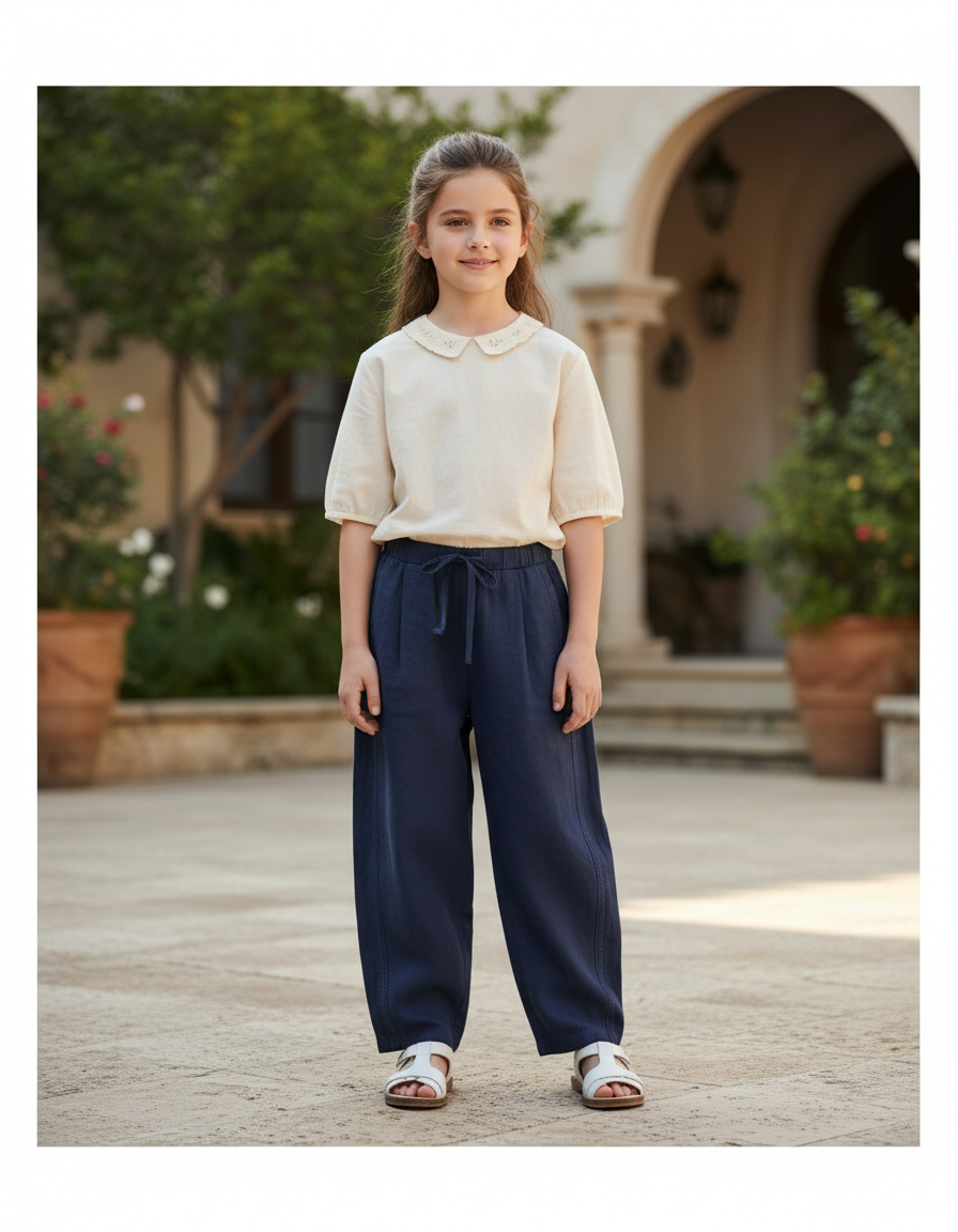 Pantalon En Lin Fille Bleu Marine Coupe Ample