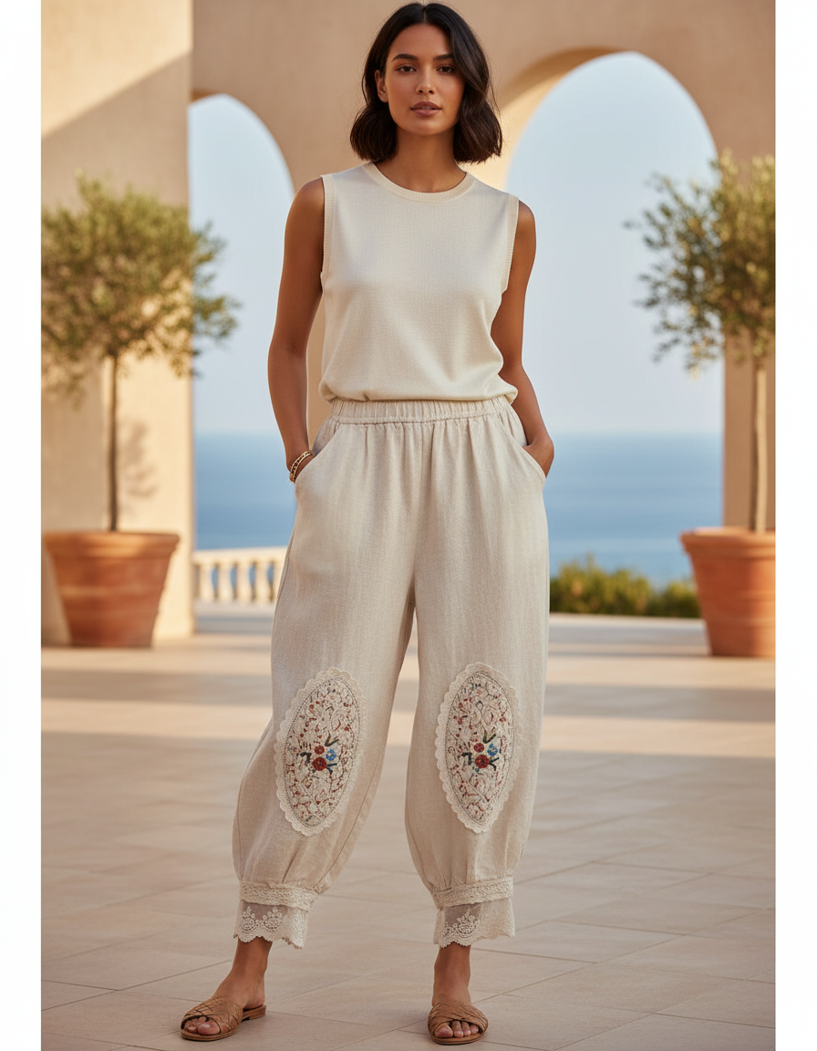 Pantalon En Lin Harem Brodé Ample Beige Femme