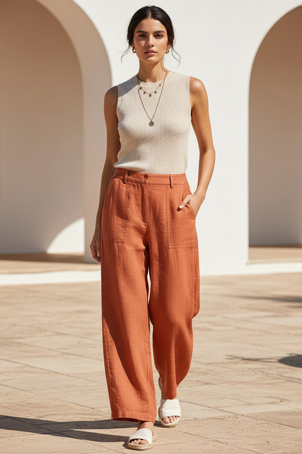 Pantalon En Lin Terre Cuite Ample Décontracté Fluide - Orange