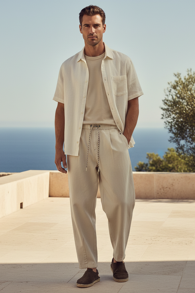 Pantalon En Lin Homme Beige Ample Droit Cordon