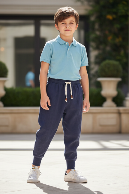 Pantalon En Lin Bleu Marine Ample Cordon Garçon