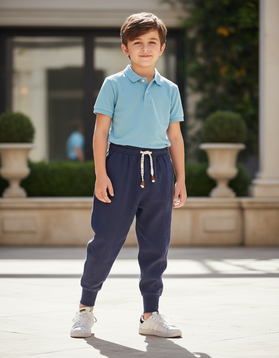 Pantalon En Lin Bleu Marine Ample Cordon Garçon