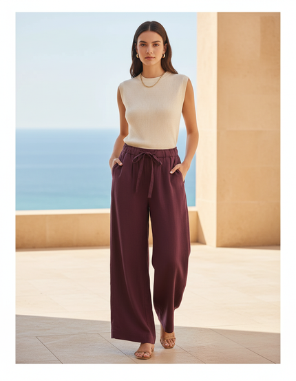 Pantalon En Lin Bordeaux