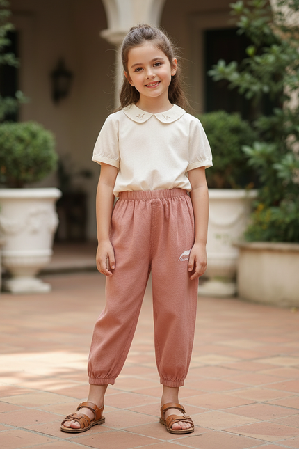 Pantalon En Lin Rose Ample Élastiqué Enfant Confortable