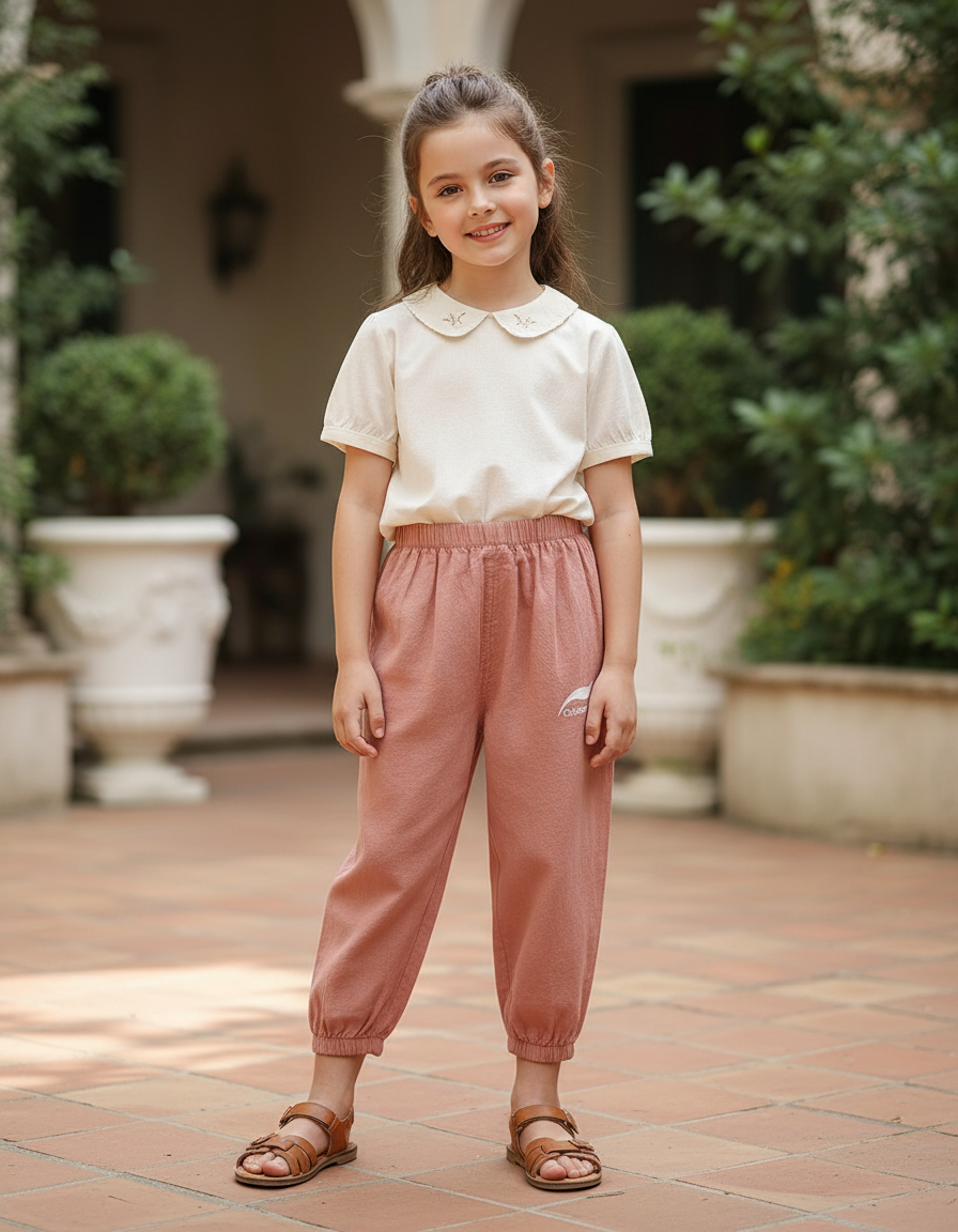 Pantalon En Lin Rose Ample Élastiqué Enfant Confortable