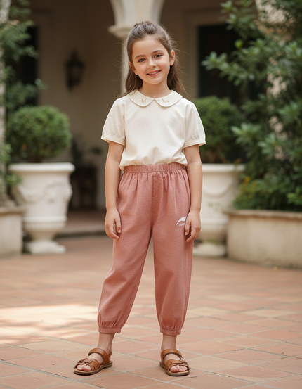 Pantalon En Lin Rose Ample Élastiqué Enfant Confortable