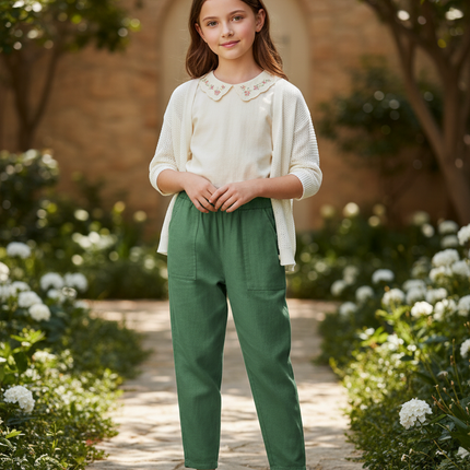 Pantalon En Lin Vert Fille Ample Décontracté Fluide
