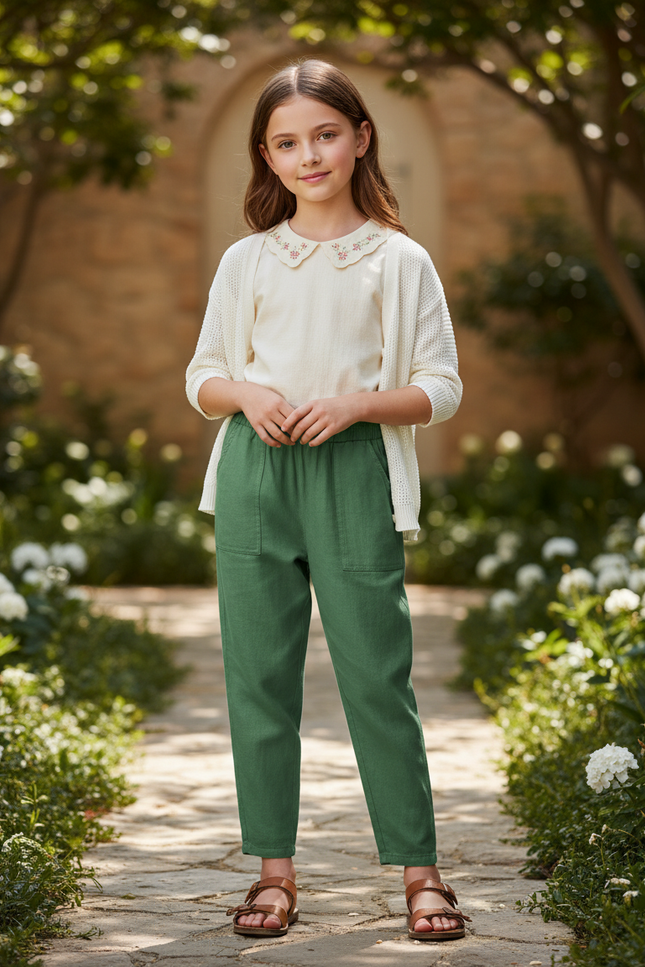 Pantalon En Lin Vert Fille Ample Décontracté Fluide