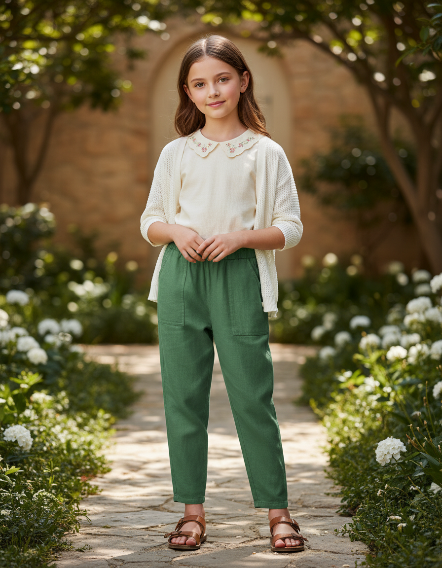 Pantalon En Lin Vert Fille Ample Décontracté Fluide