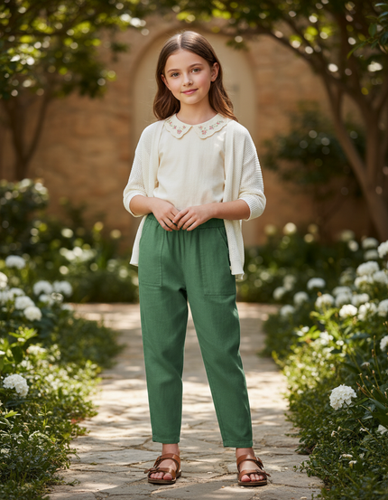 Pantalon En Lin Vert Fille Ample Décontracté Fluide