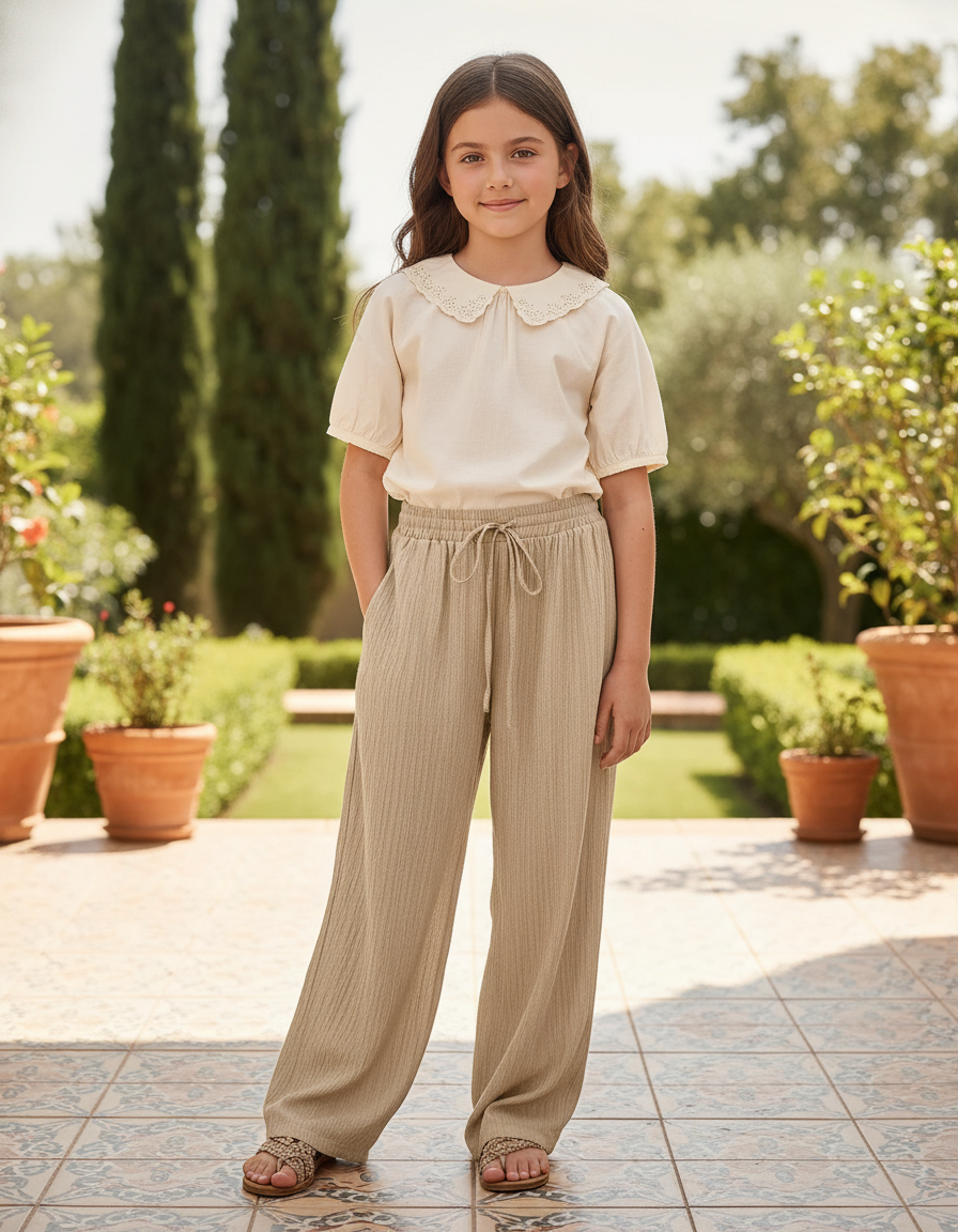 Pantalon En Lin Beige Ample Fluide Côtelé Décontracté