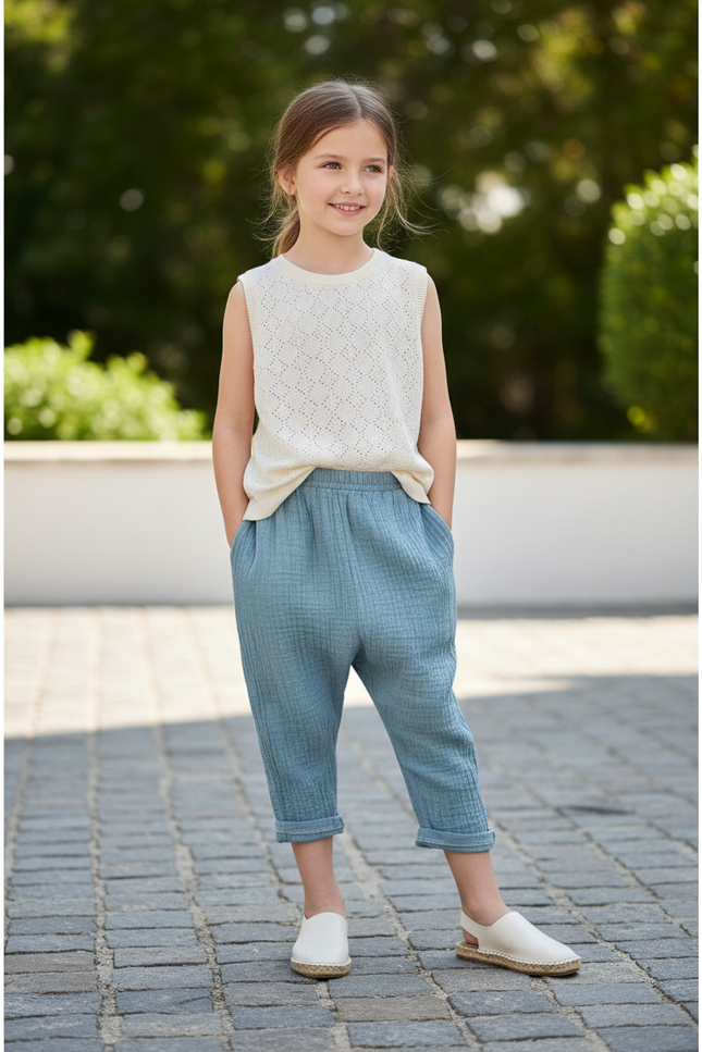 Pantalon En Lin Gaze Bleu Ample Enfant