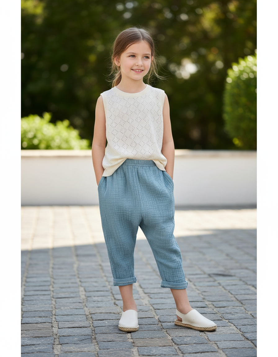 Pantalon En Lin Gaze Bleu Ample Enfant