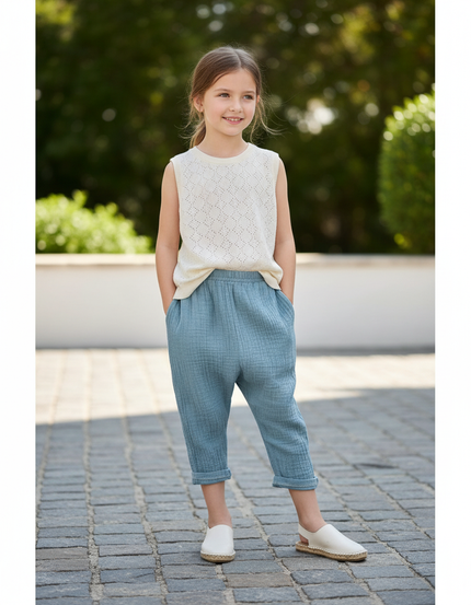 Pantalon En Lin Gaze Bleu Ample Enfant