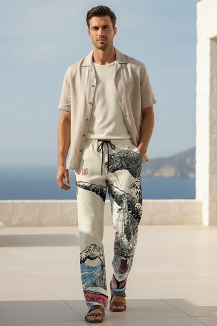 Pantalon En Lin Imprimé Estampes Japonaises Ample Homme