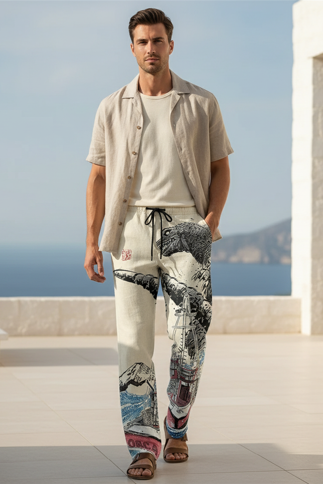 Pantalon En Lin Imprimé Estampes Japonaises Ample Homme