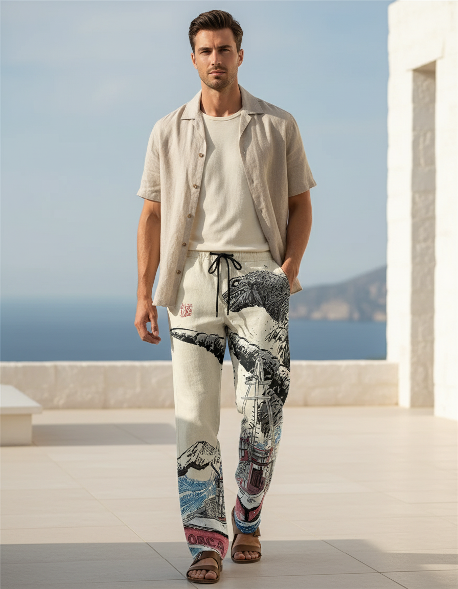 Pantalon En Lin Imprimé Estampes Japonaises Ample Homme