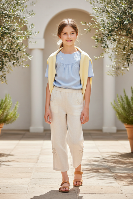Pantalon En Lin Écru Ample Fille Détail Boutons - Beige